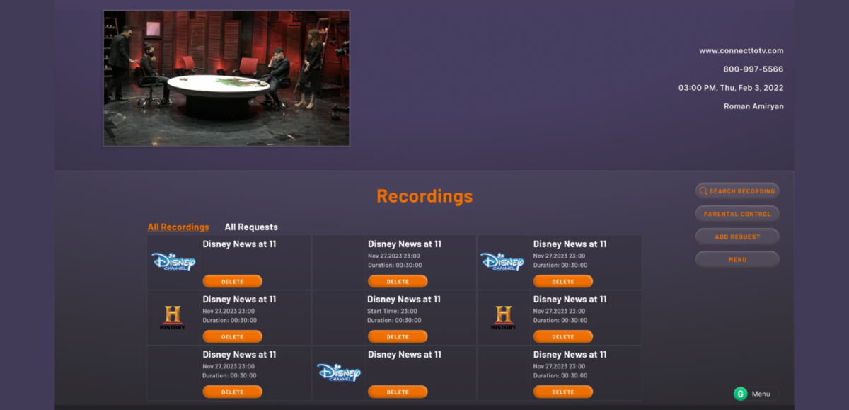 ConnectTo TV recordings view showing saved episodes of Disney News at 11