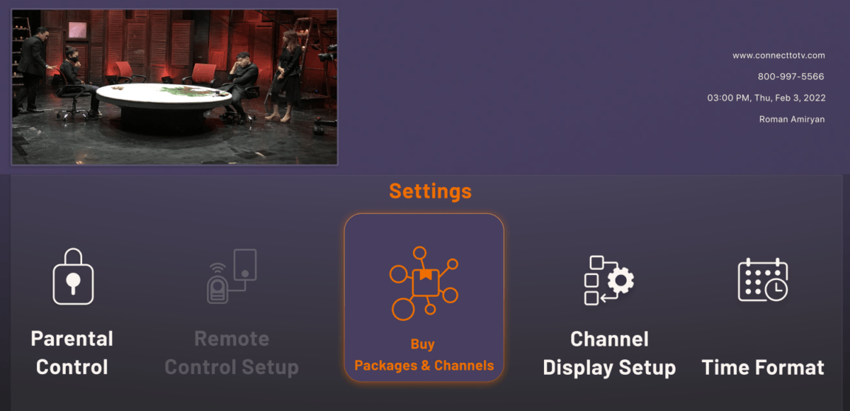 ConnectTo TV settings screen with parental controls, remote setup, package management, channel display, and time format